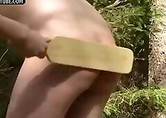 Disciplined guy in the woods spanked and fucked bareback