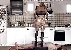 Amy plays with the thrall locked in the cbt box! Mistresse Douxxx tramples the serf's dick and balls in boots. Amy likes this situation and uses 