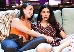 Two sexy shemales Kasey Kei and Zariah Aura are eating popcorn while watching movies.After that,Zariah throats Kasey hard shecock passionately and in 