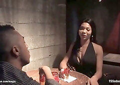 Cheating dude gets dominated and anally invaded by ebony transsexual beauty Alyssa Hung