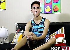 Young guy interviewed before he starts stroking on his rod