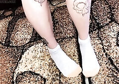 I bought fresh sneakers and just got back from a run! I wanna show my legs in sneakers from all sides, then I'll take off my shoes and show my pe