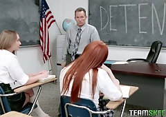 Whorish college chicks seduce their teacher and ride his cock one after another