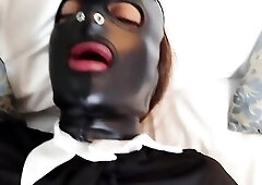 Hot latin girl with BDSM leather latex slave mask and catsuit slapping, tits whiping and anal plug masturbating with lipstick vibrator toy and fucked 