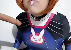 Femboy with Dva Cosplay and S&M Nosehook Giving a Oral pleasure, Eating Cum and Deepthroat to Large Vibrator