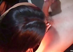 Horny brunettes are having group sex in front of the camera, in a local club