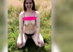 A resigned hotty in the field on a chain, blow job in the woods and serving the owner - Lovessie Serf