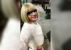 Mad sexy hawt CD, blond gal, hawt lips, charming smile, still very banging wicked! Using a scarf in public as a petticoat! Strap pants showing, then t