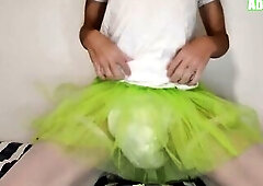 Diaper Sissy Wearing A Green tutu Masturbating And Cumming in Her Diaper