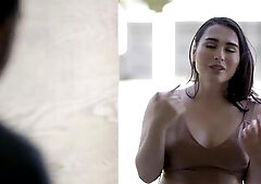 Glamorous transgender bangs man hard