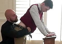 Bald Priest Roughly Fucks Altar Boy on Church Couch