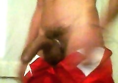 Randy guy in red panties jizzing