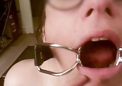 Nerdy angel with glasses and large tits gagging on schlong - deepthroat lesson with ring gag