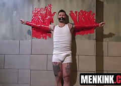 Sebastian keys and Dominic torment inked Teddy Bryce in pipe bondage