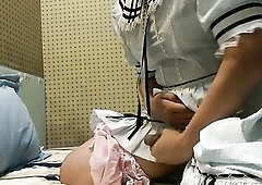 Crossdresser wearing blue costume and wanking
