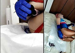 Anal play with a fake cock while rocking a shiny open-crotch leotard, lots of squirting and nipple pleasure