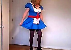 Blue costume with high heels and black hold up stockings