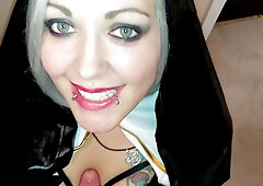 BBW nun sucks cock until she receives a messy cum confession on her face for Overwatch cosplay sex
