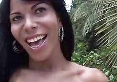 Bronzed skin beauty strokes and cums outside