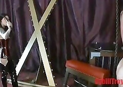 Domme Singletail Whips Naked male slave