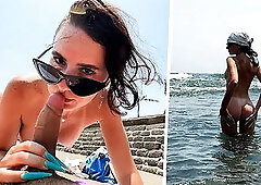 Public Blowjob on the Beach from a Big-assed Beauty