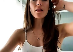 Sexy brunette babe with big cock jerking in solo