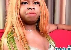 Chubby american tranny jerking off her bbc