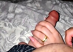 Step mom Roxy Bigtits1 gives a handjob to her stepson-in-law with a huge cock