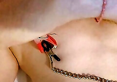 Twink double nipple clamps and hard chest whipping