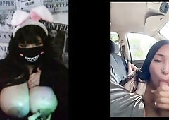 Bulky punk gal playing with her large tits on camera watching porn