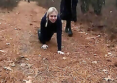 Two sick perverts take bubble ass MILF for a crawl into the woods