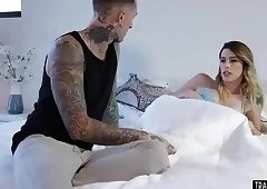 Gorgeous shemale with big boobs wakes up and analfucks