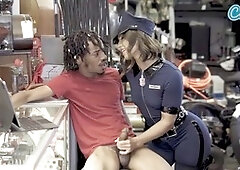 Kelsi Monroe the big booty cougar gives a fast handjob at the pawnshop leaving cum in her panties