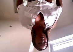 Teen brunette in black stockings plays with cunt