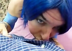 Crossdresser gags on cock