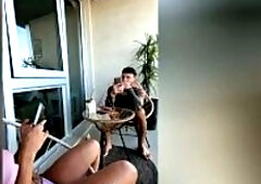 Afternoon relaxing on the balcony: Snack, dancing, unfathomable blow job and sex on the railing
