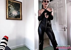 JimSlip.com movie! Charlotte Rose is back in Part two, looking so damn hawt in her constricted bodysuit, glasses, and high heels. See the full British