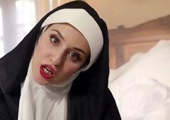 Curvy nun in red lingerie confesses sins from above in cowgirl
