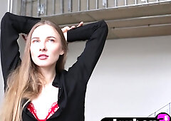 Pretty small boobs blonde teen model Stella posing in hot red lingerie