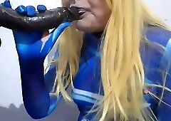 Cute Trans Samus with BDSM Nosehook giving a Sloppy Blowjob to BBC Dildo, Deepthroat, Facial Fuck