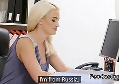 Cute brunette hair small student came to casting interview to got additional cash and then blond female agent on the daybed let her eat her vagina