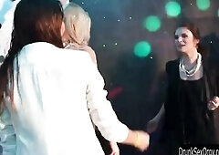 Sinfully lesbo gals dancing and masturbating their slick beavers in public in a club