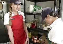 Breasty t-girl screws blond colleague