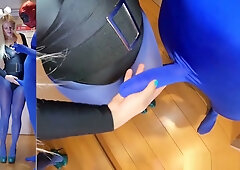 Caroline De Jaie in blue pantyhose teases with a dildo before intimate anal play with another woman