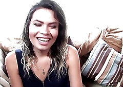 Inked Latina shemale beauty cheerfully strips and strokes on casting