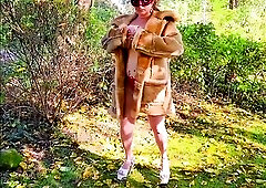 LARGE TITTED SLOW Dancing Outside in a Sheep-Skin Coat and Red Pants and High Heels