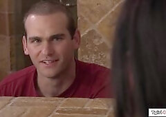 Frat guy kisses busty tgirl cheerleader Marissa Minx and then sucks the trannys big tits.He kisses her body and then the brunette shemale deepthroat f