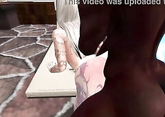 Second Life Ebony chap screws white woman next to a pool