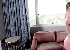 Horny blonde bangs voyeur in hotel room