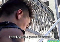 Straight handsome latino bareback fucked by two hunks